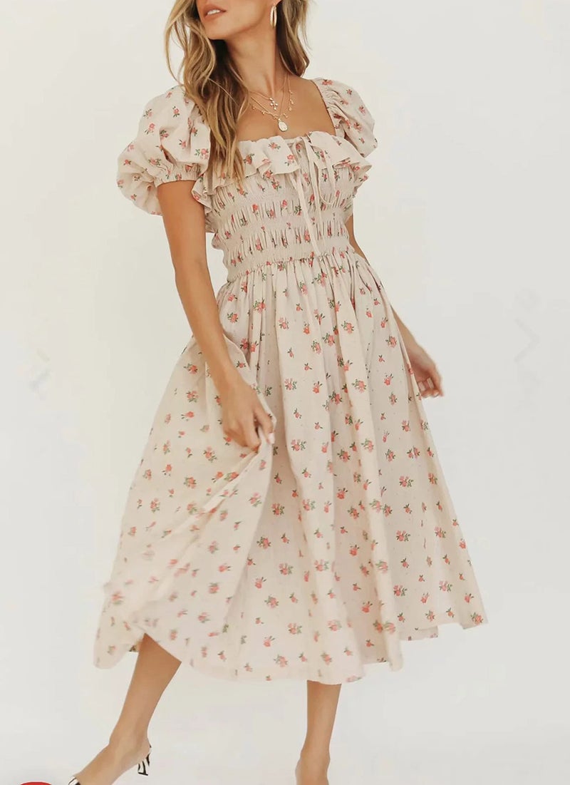 R.Vivimos Womens Summer Floral Print Puff Sleeves Vintage Ruffles Midi Dress (Large, Beige) - Image 3